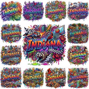 Może przedstawiać: Kolekcja kolorowych grafik z napisem "Indiana" w stylu graffiti. Każdy projekt zawiera różne elementy, takie jak sprzęt sportowy, samochody wyścigowe, kwiaty i lokalna fauna, wszystko w żywych kolorach.
