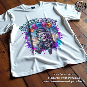 Cartoon-style skull gamer illustration with glowing eyes, headphones, and controller while parachuting through the sky. Surrounded by colorful paint splashes and bold streetwear aesthetics, this vibrant gaming graphic works perfectly for gamer t-shirt design, sublimation printing, gaming merchandise, and digital clipart use.