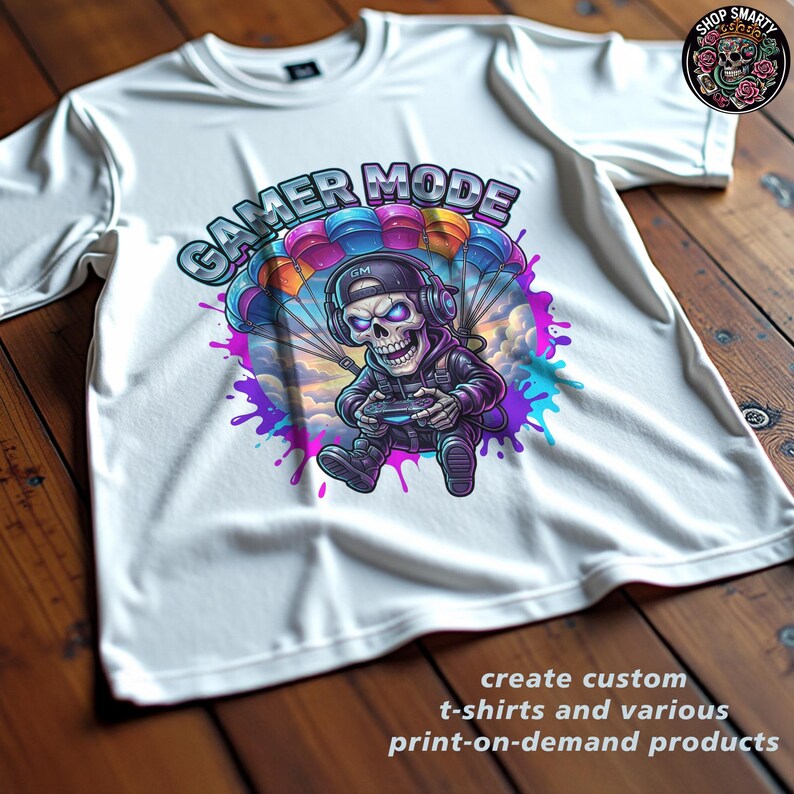 Cartoon-style skull gamer illustration with glowing eyes, headphones, and controller while parachuting through the sky. Surrounded by colorful paint splashes and bold streetwear aesthetics, this vibrant gaming graphic works perfectly for gamer t-shirt design, sublimation printing, gaming merchandise, and digital clipart use.
