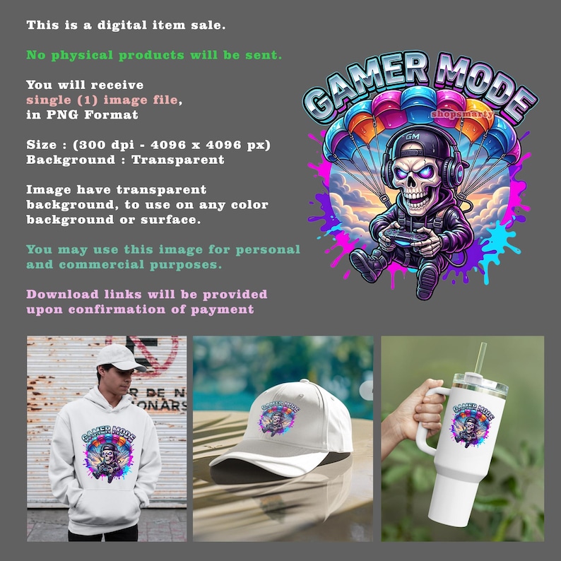 Playful skull gamer character skydiving with a colorful parachute while gaming with a controller. The vibrant paint splashes and urban streetwear style give the illustration a modern gaming aesthetic, ideal for gamer tees, sublimation designs, gaming graphics, and digital PNG clipart artwork.