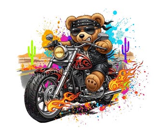 Teddy Bear riding Motorcycle, sublimation file instant PNG Download, hip-hop bear, motorbike png, graffiti style t-shirt design