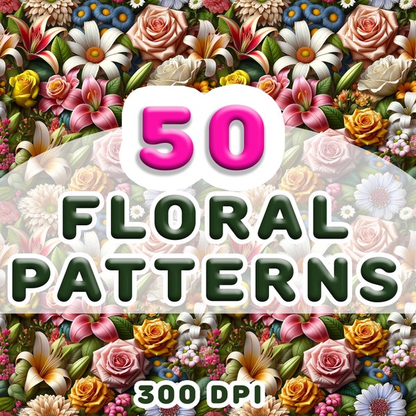 Floral Seamless Patterns Bundle of 50 png images - assorted flowers tileable images - rose daisy violet sunflower lavender cherry blossom