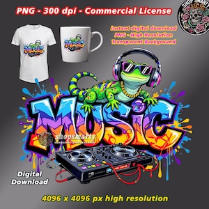 Puede incluir: Una camiseta y una taza blancas con un gráfico colorido de un lagarto con auriculares y gafas de sol, con la palabra "MUSIC" en estilo graffiti. También hay una mesa de mezclas de DJ. La imagen incluye el texto "Digital Download".