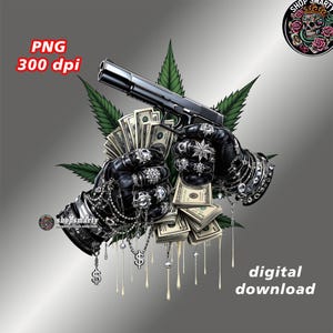 Könnte beinhalten: Eine digitale Illustration von zwei behandschuhten Händen, die einen Geldbündel und eine Waffe halten. Die Hände sind mit Schmuck verziert und das Geld tropft mit einer zähflüssigen Flüssigkeit. Der Hintergrund ist ein grauer Farbverlauf.