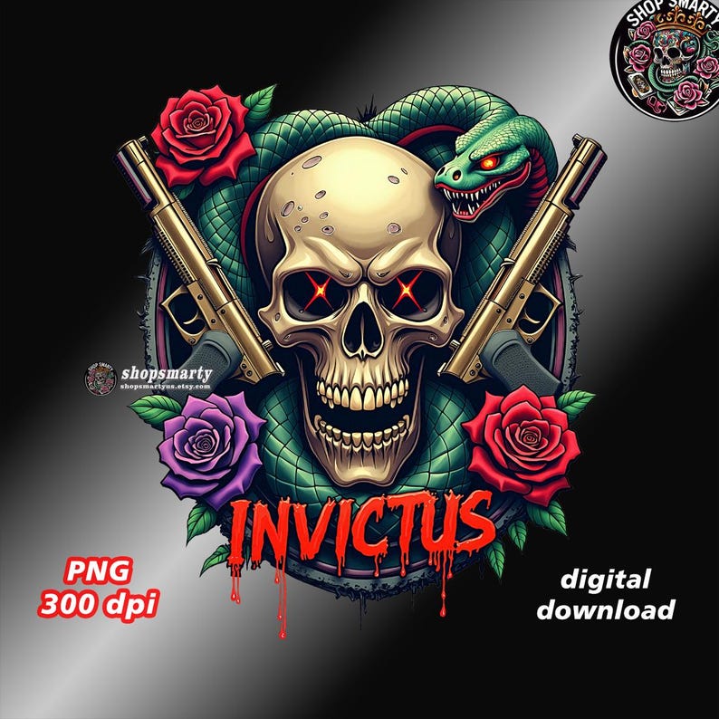 Invictus Graphics Skull Tattoo Art T-shirt Design, Snake and Roses, Sublimation PNG ...