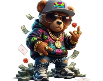 Hip Hop Teddybär PNG, Graffiti Urban Cartoon, Streetwear Rapper Tier, Sublimationsdesign, trendige Clipart