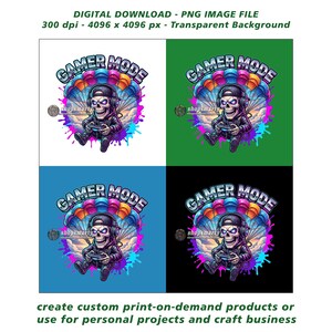 Urban gaming artwork featuring a skull gamer wearing headphones and a cap while parachuting through the clouds with a controller in hand. The design includes vibrant colors, graffiti splashes, and bold graphic details, making it perfect for gaming t-shirt design, streetwear artwork, and sublimation printing.