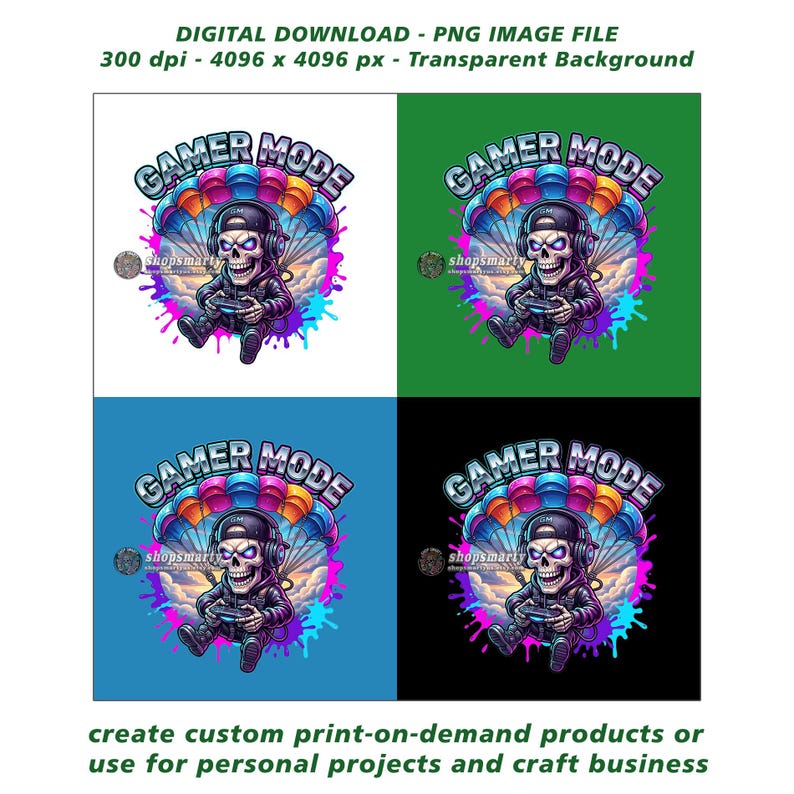 Urban gaming artwork featuring a skull gamer wearing headphones and a cap while parachuting through the clouds with a controller in hand. The design includes vibrant colors, graffiti splashes, and bold graphic details, making it perfect for gaming t-shirt design, streetwear artwork, and sublimation printing.
