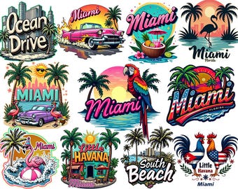 Imágenes prediseñadas de Miami, Florida, diseño de camiseta PNG, palmera de La Habana Pequeña, ambiente de verano tropical, gráficos de playa retro, pegatina Ocean Drive, South Beach