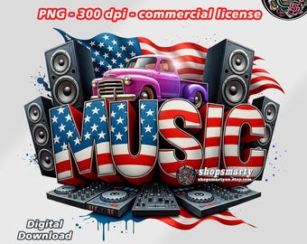 DJ t-shirt graphic design PNG, vintage truck, dj setup, usa club dj artwork, music lover tee, sublimation file (Digital Download)