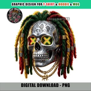 Op de afbeelding: Een gedetailleerd grafisch ontwerp met een zilveren schedel met rood, geel en groen gekleurde dreadlocks. De schedel heeft gloeiende neon groene en rode X-vormige ogen, een gouden ketting en de tekst "GRAPHIC DESIGN FOR T-SHIRT & HOODIE & MUG".