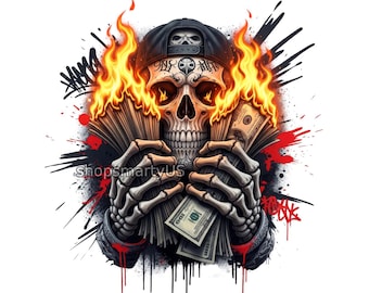 Skull urban streetwear design, instant PNG download, money design T-Shirt sublimation