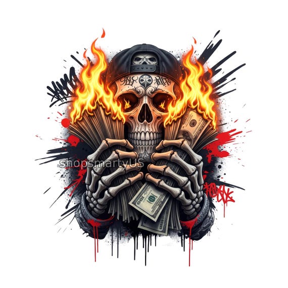 Skull urban streetwear design, instant PNG download, money design T-Shirt sublimation