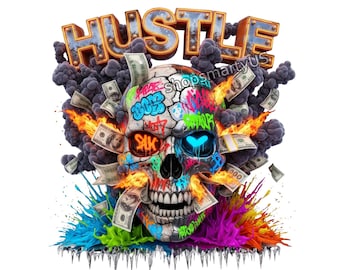Hustle T-Shirt Design with SKULL and MONEY, sublimation file instant PNG Download