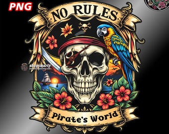 Pirate skull t-shirt prints, pirate clipart png, vintage tattoo skull, pirate shirt design, nautical png, tropical parrot, vintage shirt png