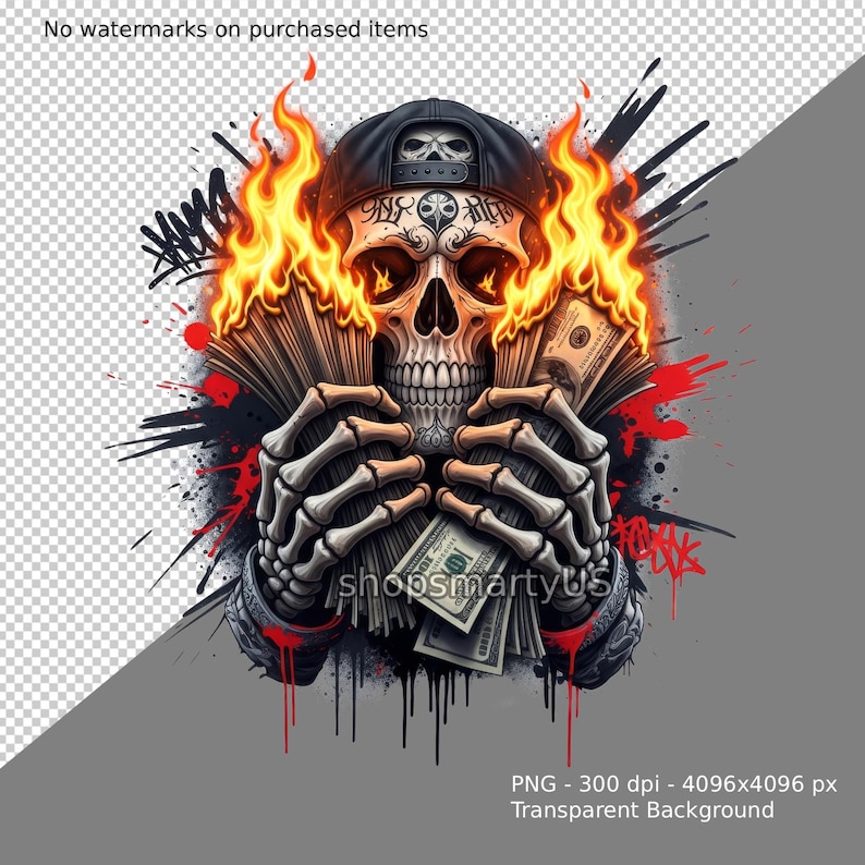 skull holding money, money t-shirt design, dollar graphic tee, sublimation file download, heat transfer, dtg, dtf, sublime png, urban streetwear design