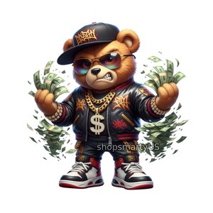 May include: A cartoon illustration of a brown bear wearing a black leather jacket, gold chain, sunglasses, and a black cap. The bear is holding stacks of money in both hands and has an angry expression. The image includes the text "shopsmartyUS".