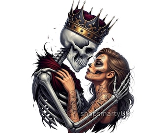 May include: Illustration of a skeleton king wearing a gold crown embracing a woman with sugar skull makeup and tattoos. The skeleton wears a red and black fur collar. The woman has long brown hair and is wearing a black top. The image is set against a white background.