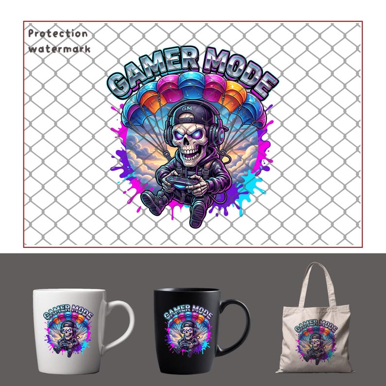 Creative gamer skull PNG design showing a skeleton character skydiving with a colorful parachute while gaming mid-air. Bright vibrant colors and graffiti-style splashes surround the character, forming a playful gaming illustration suited for gamer tee graphics, streetwear apparel, and digital sublimation designs.