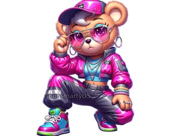 Ragazza orsacchiotto stile hip-hop, moda elegante, file di sublimazione PNG da scaricare, streetwear urbano, design di orsacchiotto femmina rosa viola in stile cartone animato