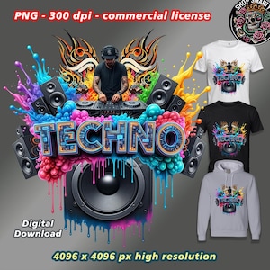 Puede incluir: Diseño digital con un DJ, altavoces y la palabra "TECHNO" en colores vibrantes. Disponible como descarga digital en alta resolución. La imagen también muestra el diseño en camisetas y una sudadera con capucha.
