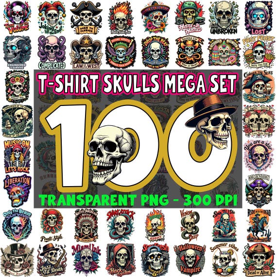 Skull T-Shirt Designs, Tattoo Art Graphics, PNG Bundle (Digital Download)