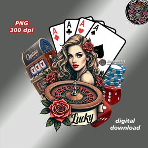 Vintage casino clipart PNG, roulette, slot machine, poker cards, gambling, vintage png, poker png, vintage vegas casino png, t-shirt design