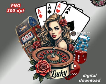 Vintage Casino Clipart, casino PNG, Roulette, Poker, Slot Machine, casino art png download, retro t-shirt png download, sublimation file PNG