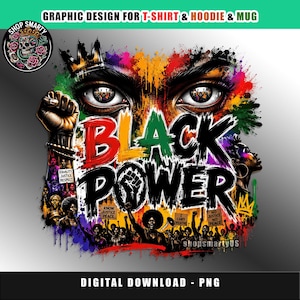 Op de afbeelding: Een digitaal grafisch ontwerp met een opgeheven vuist, grote ogen en de tekst BLACK POWER. Het kunstwerk bevat kleurrijke verfspatten, silhouetten van mensen die protestborden vasthouden met teksten zoals EQUALITY JUSTICE RESPECT en een kroon.