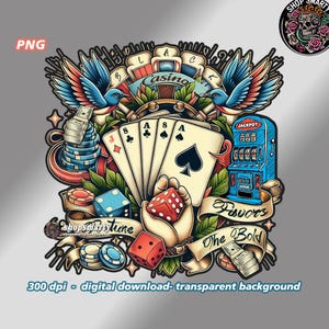 Diseño de camiseta de juego con diseño de casino estilo tatuaje vintage, ilustración de la vieja escuela, máquina tragamonedas, cartas de póker, impresión a pedido, diseño de producto