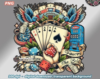 Vintage Casino Art digital illustration, png download, casino art, Gambling T-Shirt Design, vintage casino png, graphic t-shirt design png