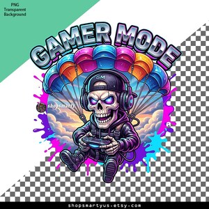 Stylized skull gamer character skydiving with a bright parachute while playing video games with a controller. The artwork features vibrant neon colors, streetwear aesthetic, and graffiti paint splashes, creating a bold gaming illustration ideal for gamer tee graphics, sublimation designs, and digital PNG clipart projects.