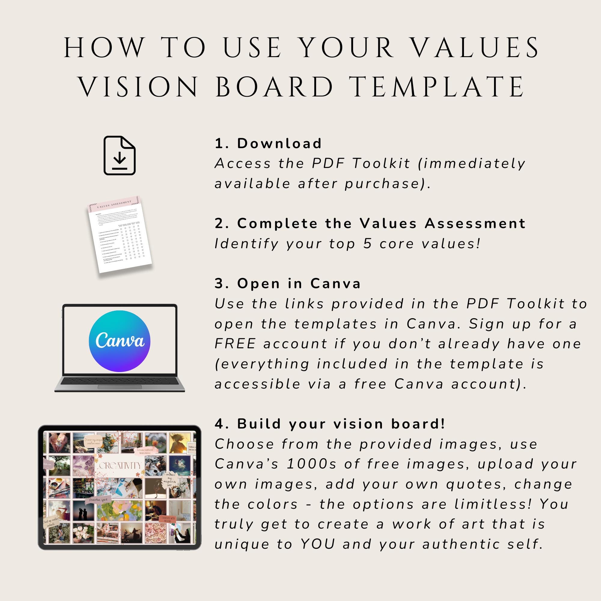 Values Digital Vision Board 2025, Canva Vision Board Template, Values ...