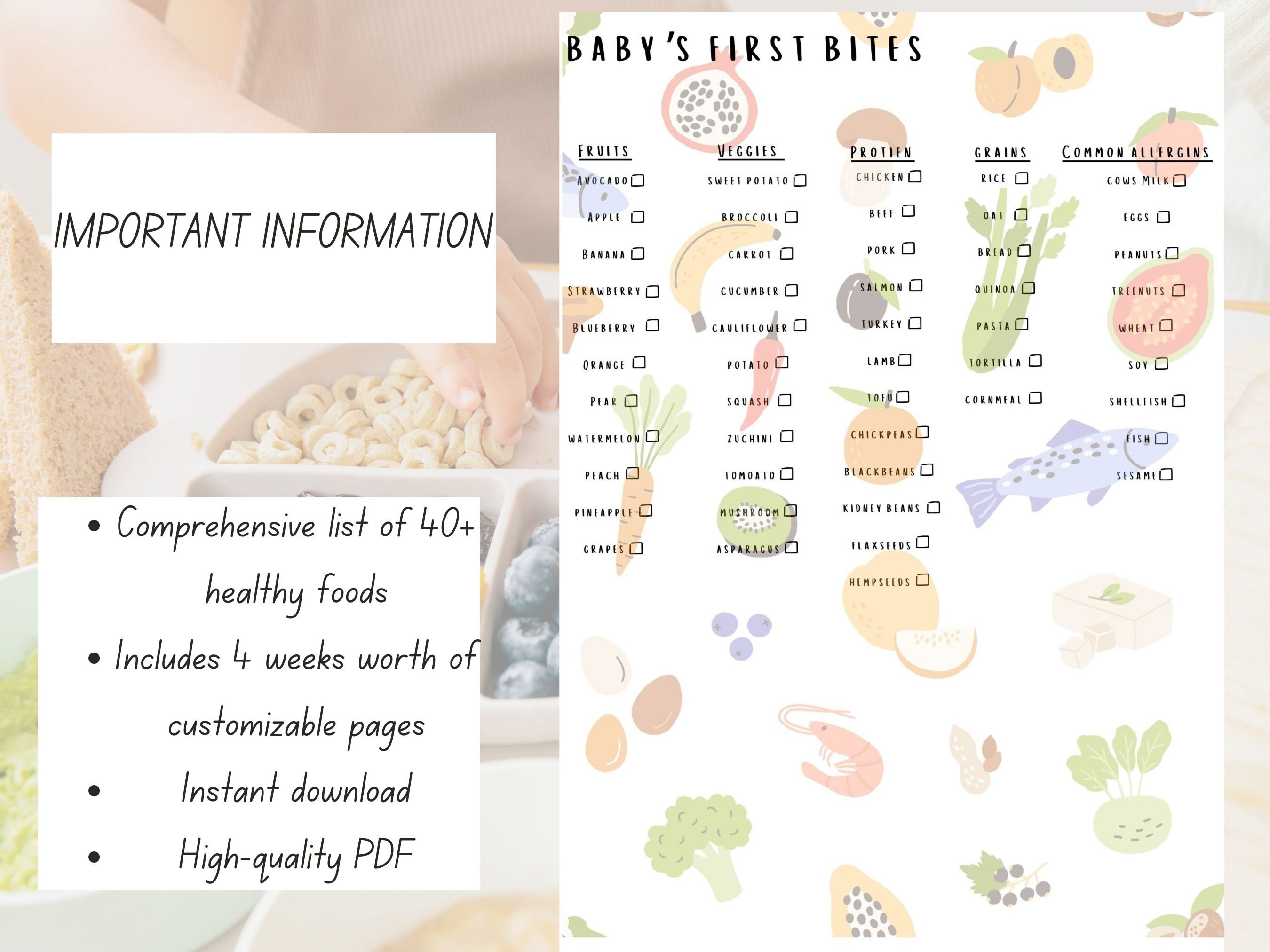 Baby Food Tracker Printable Chart, Baby's First Foods, Baby Food Diary