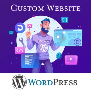 Può includere: Un'illustrazione di un cartone animato di una persona che progetta un sito web usando WordPress. La persona indossa una maglietta viola con la parola "DESIGN" e il logo di WordPress. La persona sta puntando a un mockup di sito web blu con la lettera "D" nell'angolo. L'immagine include varie icone relative alla progettazione web, come codice, una chiave inglese e un pulsante di riproduzione.