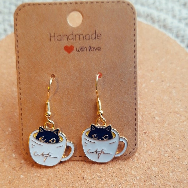 Cat in a teacup earrings, cat charms, cat earrings, cat jewellery, cat lover, quirky ,novelty, cute, handmade, dangle earrings