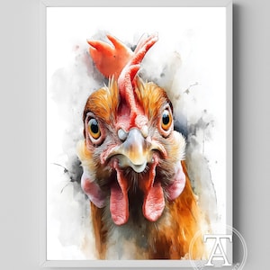 Whimsical Red Hen Watercolor Painting: Farmhouse Kitchen Art (Digital Download