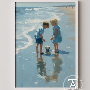 Summer Beach Vacation Printable - Children Playing in Soft Blues, Coastal Wall Art, Peaceful Ocean Scene, Digital Kids Room Decor (189)