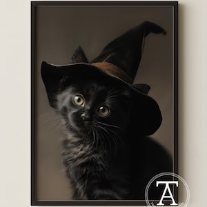 Halloween Black Cat Art - Printable Portrait, Witch Hat Cat, Wall Art, Spooky Black Familiar Painting, Dark Decor (H236)