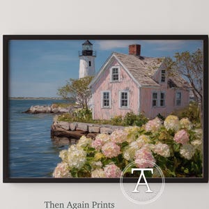 Seaside Lighthouse and Cottage with Hydrangeas - Printable Vintage Coastal Wall Art, Rustic Charm, Nautical Decor, Digital Home Art 179