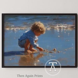 Beach Toddler Oil Painting - Summer Seaside Memory, Child Playing in Sand, Printable Wall Art, Coastal Landscape Decor, Digital Print (171)