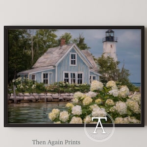 Coastal Blue Seaside Cottage with Lighthouse - Coastal Home Painting, Nautical Landscape Art, Ocean and Hydrangeas Painting (CC178)