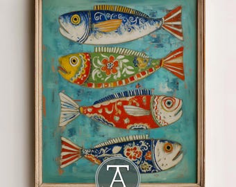 Fish Wall Art, Coastal Vintage Print, Portuguese Tile Style