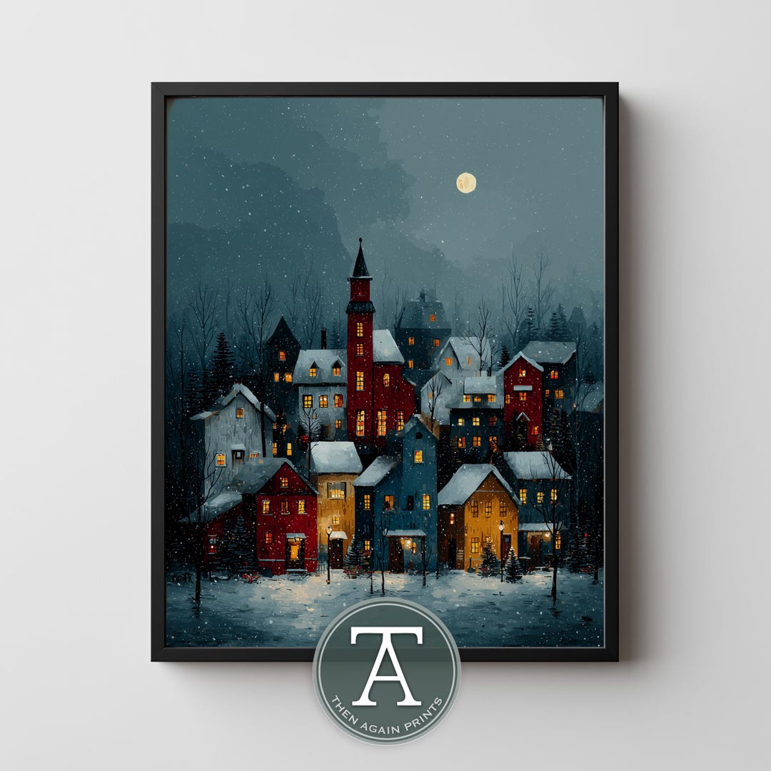 Snowy Village Night Print: Moonlit Winter Town Folk Art (digital ...