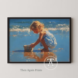 Printable Beach Scene with Toddler - Charming Coastal Oil Painting, Summer Seaside Decor, Child Playing Art, Warm Beach Colors (CG172)