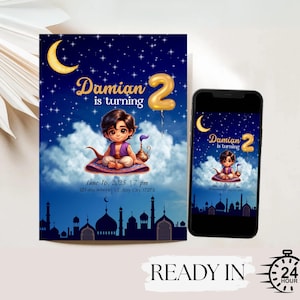 Carte de Vœux d'Anniversaire Aladdin Garçon Carte Numérique Personnalisée pour WhatsApp ou à Imprimer Invitation Premier Anniversaire Enfant