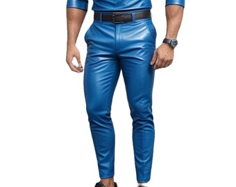 Echtes Leder Herren Blau Hose-Handmade Softleder Biker Hose-Klassische Lederhose-Geschenk für Ihn