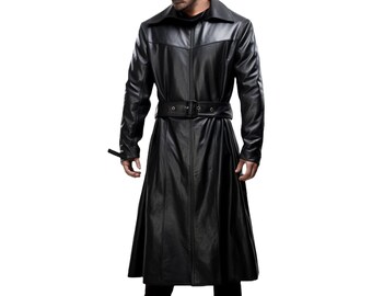 Genuine Leather Men Trench Coat-Handmade Leather Men Black Long Coat-Steampunk Coat-Gift For Him