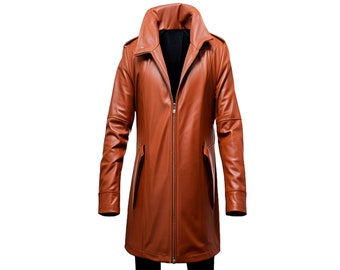 Handmade Leather Trench Coat-Genuine Leather Brown Duster Coat-Men Winter Coat-Gift For Him