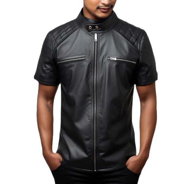 Chemise en cuir pour homme faite main - Chemise à manches mi-longues en cuir véritable - Chemise pour homme en cuir noir - Cadeau pour lui